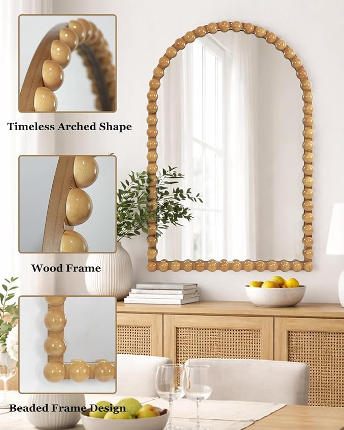 Beaded Arched Wall Mirror 24"x36", Decorative Arch Mirror with Beaded Frame, Vintage Style Accent Mirror for Entryway, Bathroom, Living Room, Bedroom, Fireplace Mantel