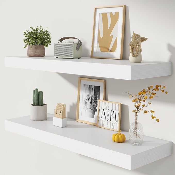 FLYJOE Deep Floating Shelves | 40 Inch White Floating Shelves Set of 2 | 12 Inch Deep Wood Wall Shelves | 40" W x 12" D White Shelves for Bathroom Living Room Kitchen Laundry Room