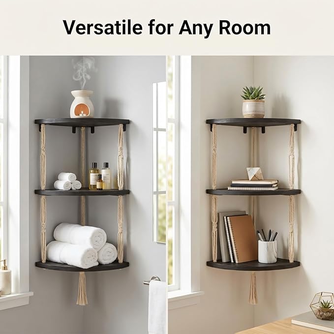 REFGY 3-Tier Corner Floating Shelves with Aesthetic Greenery & Fairy Lights - Premium Wood-Textured Boho Wall Hanging Shelf - Stable L-Bracket Support for Home Decor, Office & Small Spaces
