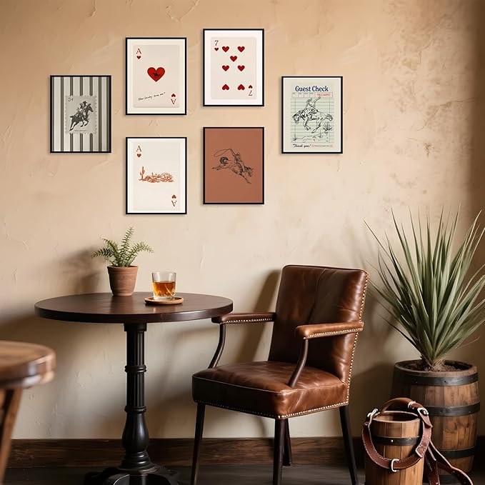 Vintage Western Cowboy Poster Set of 6, Southwestern Wall Art Playing Card Canvas Prints Mid Century Striped Western Wall Decor Paintings for Bedroom Living Room Dorm 12x16 inch Unframed