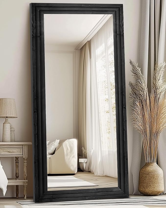 Full Length Mirror 76"x34" Solid Wood Frame Floor Large Mirror for Living Room, Bedroom Hanging or Leaning Wall-Mounted, Black