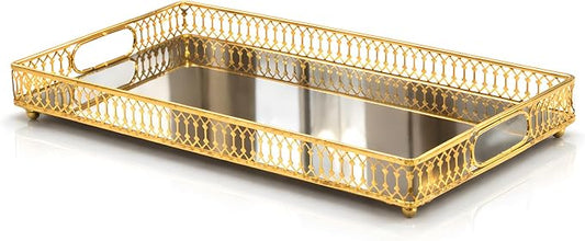 1-Pack Bar Cart Tray Decorative Mirrored Tray with Handles Gold for Jewelry Perfume Organizer Makeup and Bar Cart Tray Size: 13.7 x 9.8 inches