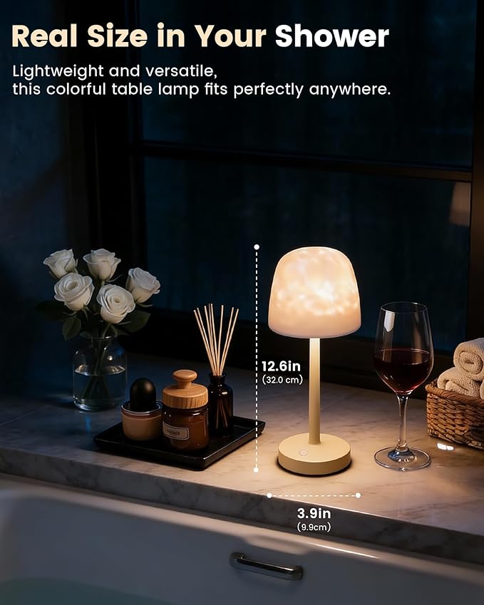 Waterproof Bathroom Shower Lamp with Ocean Wave Projector, 2-in-1 Table Night Light, 16 RGB Colors, 3 White Modes, 5000mAh Rechargeable USB-C Lamp with Touch & Remote for Spa Shower, Bedroom, Gifts