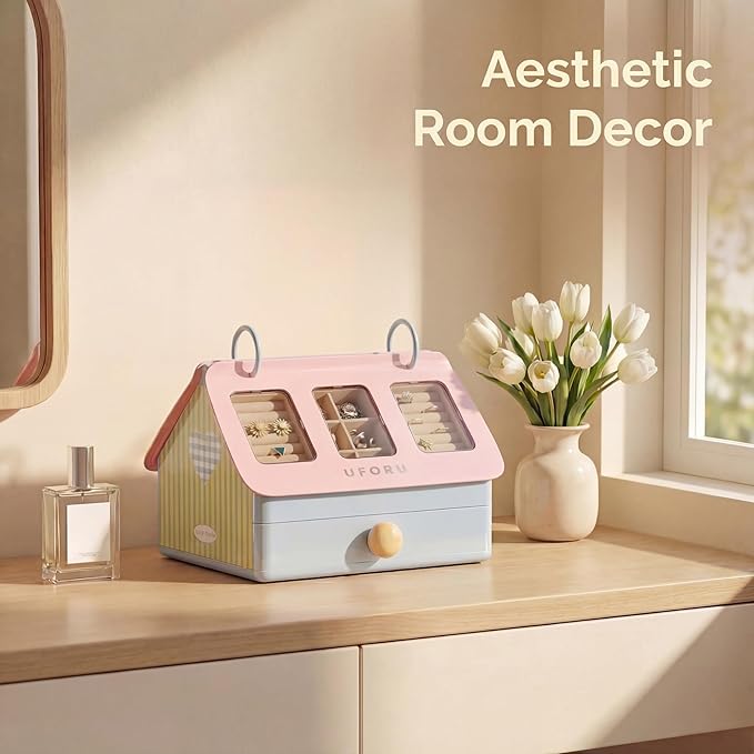 Cute Jewelry Box Organizer for Women Girls, Large House-Shaped Display Case with Clear Lid, 3-Layer Velvet Storage for Earrings Rings Necklaces, Aesthetic Room Decor Gift (Strawberry Milk)