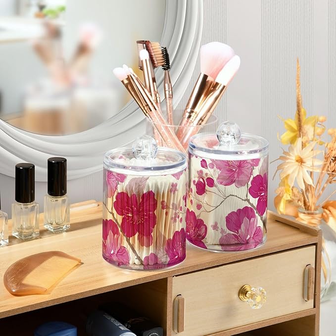 2 Pack Apothecary Jars Art Pink Peach Blossom Bathroom Vanity Storage Organizer Set,Small Clear Plastic Storage Jars Bathroom Canister for Cotton Swabs, Rounds, Balls, Qtips,Makeup Sponges, Flo