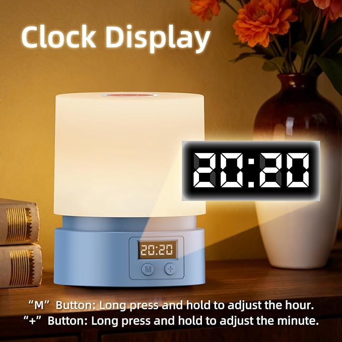 Nursery Night Light with Clock for Kids, Touch Lamp Bedside Desk Lamp, Portable Breastfeeding Night Lamp for Baby, 3 Color Stepless Dimming Up for Restaurant,Bedroom,Rechargeable (Blue)