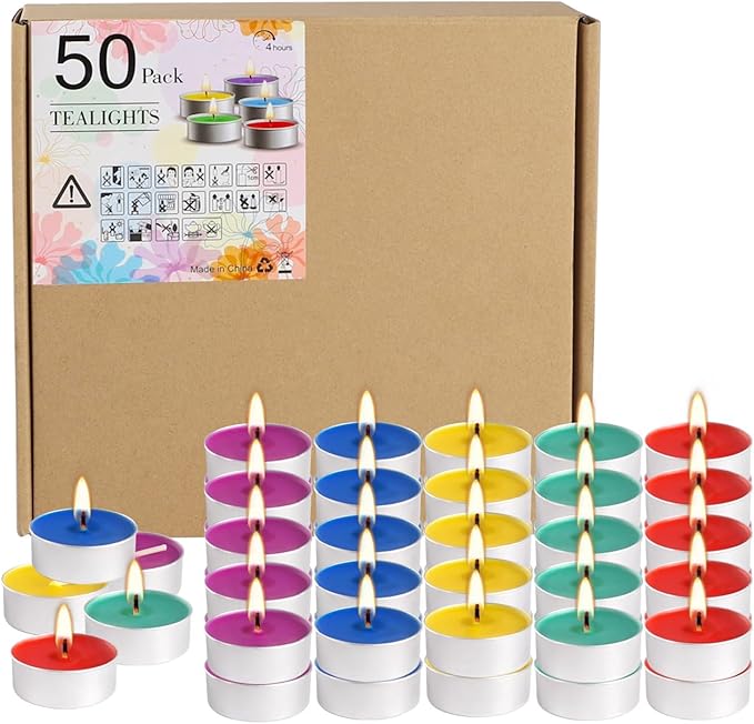 50 Pack Unscented Assorted Colors Tealights Candle - 4+Hour Clean-Burning Votive Smokeless Tea Lights for Home Decor, Rituals, Shabbat & Anniversaries & Relaxation.