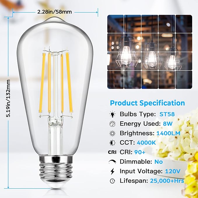 4-Pack Vintage E26 LED Edison Bulbs 100W Equivalent 1400LM High Brightness 8W ST58 LED Filament Light Bulbs 4000K Daylight White Medium Base CRI90+ Antique Clear Glass for Home Office, Non-dimmable
