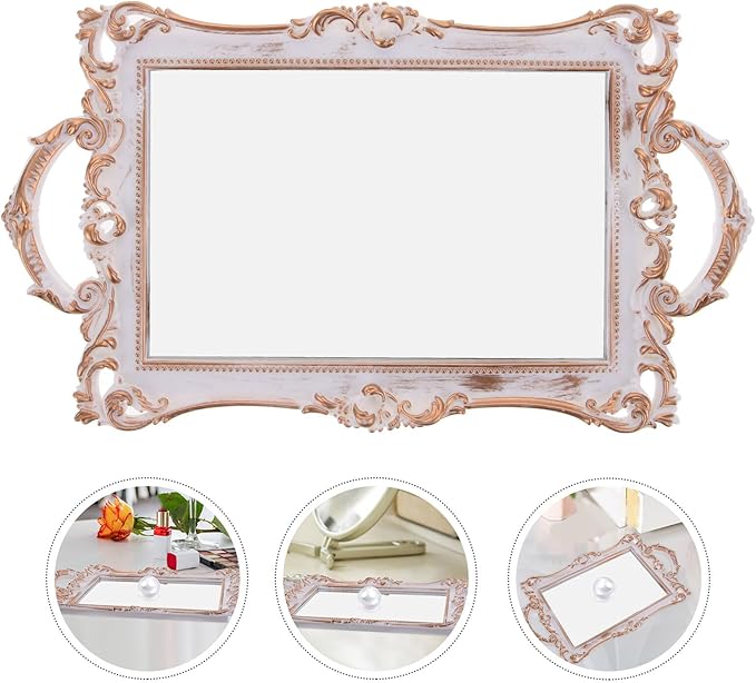 Artibetter European Gold Mirror Vanity Tray Decorative Jewelry Holder Makeup Organizer for Dresser Countertop Storage Accessories