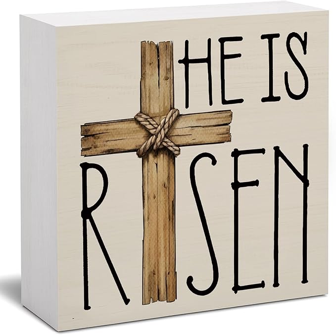 Easter Decor, He is Risen Religious Easter Wooden Box Sign, Cross Tiered Tray Decorations, Farmhouse Bunny Table Centerpiece Sign for Party Home Kitchen Dining Table Decor 5x5