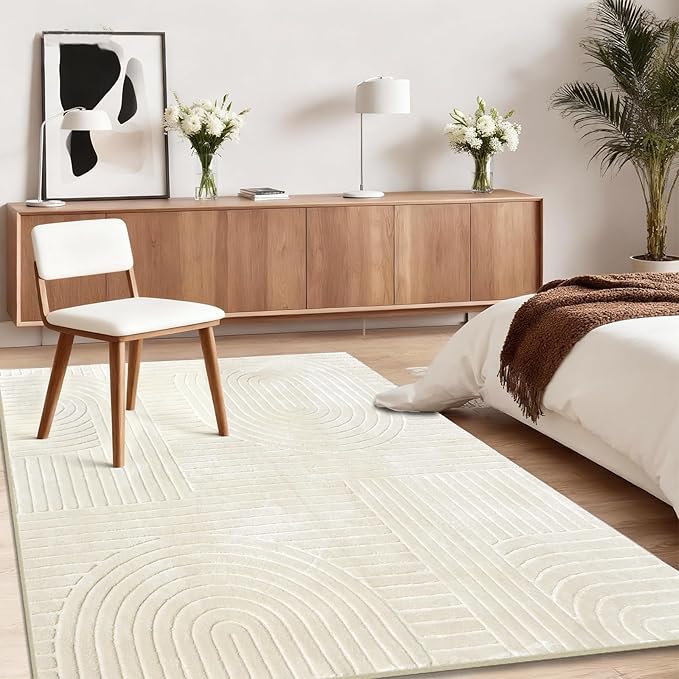 5x7 Solid Color Area Rugs – Washable Living Room Rug, Durable Non-Slip Indoor Carpet with Soft High-Low Pile, Fluffy Floor Rugs for Bedroom, Bedside, Kids Room, Dorm, Nursery, Home Décor, Beige