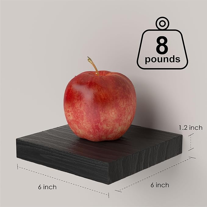 PopiShelves Small Floating Shelves for Wall - 6 Inch Mini Square Black Shelves for Bedroom, Living Room, Bathroom, Kitchen, Office Decor Set of 3