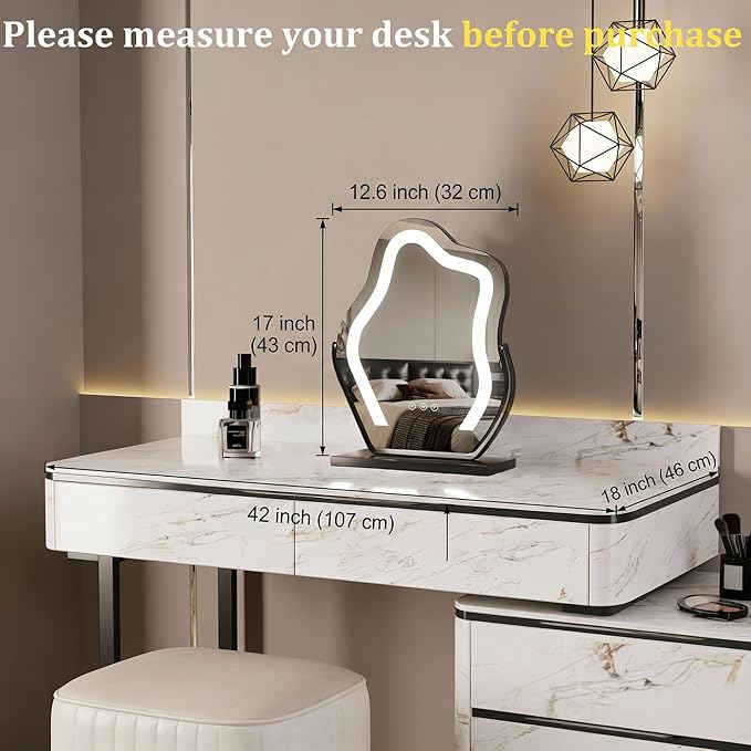 Makeup Mirror with Lights - 17″ Cloud Shaped Smart Touch 3-Color Dimmable 360° Rotation Memory Metal Frame Plug-in AC Power Tabletop Vanity Mirror Gift for Women Teen Girls Black