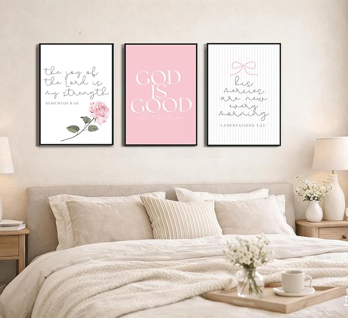 3Pcs Pink Christian Canvas Wall Art Coquette Bow Poster Print Aesthetic Picture Preppy Painting Wall Decor For Girls Bedroom Bathroom or Dorm 16x24in Unframed