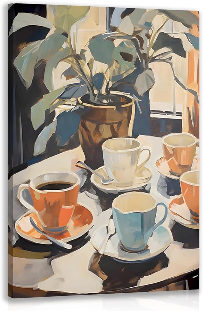 Cyebmo Framed Retro Coffee Wall Art, Coffee Cup Plant Wall Decor, Watercolor Cafe Canvas Painting, Minimalist Vintage Travel Food Poster Print for Home Office Cafe Bar Living Room 16x24 Inch
