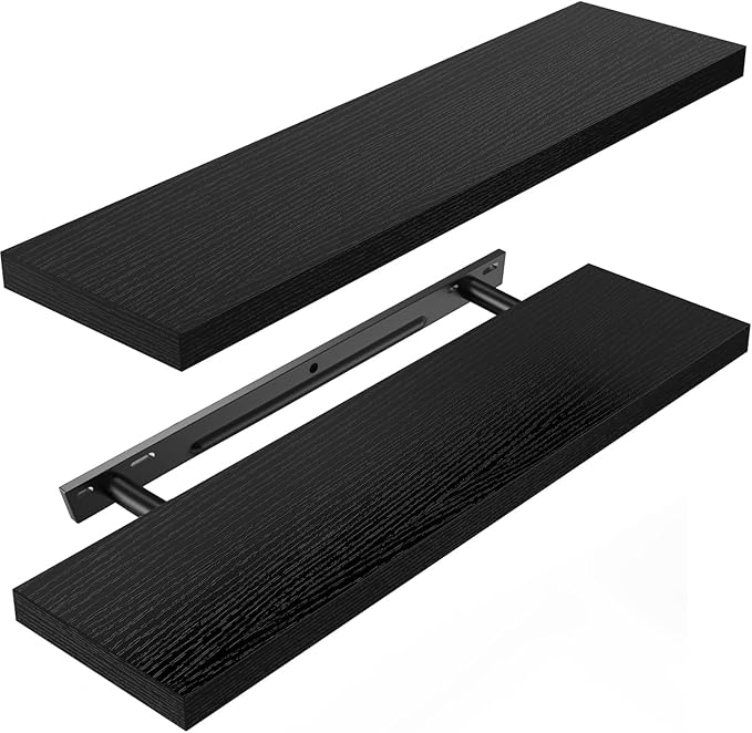 AMADA HOMEFURNISHING Floating Shelves Wall Mounted, 24 x 7 Inch Wall Shelves for Bathroom, Bedroom, Living Room, Black Shelves Set of 2 | Wall Shelves, for Bathroom, Bedroom, Living Room, Shelves