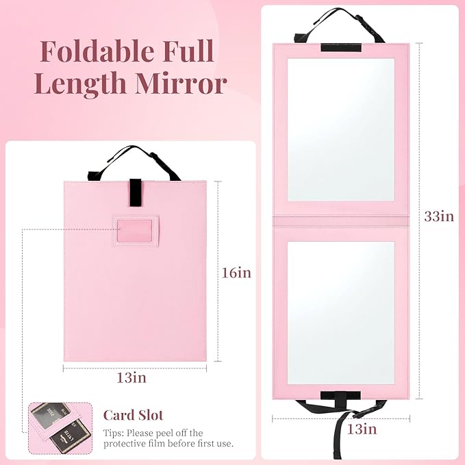 Shinowa Foldable Portable Full Length Mirror for Dancer, Camping and Travel, Shatter-Proof Acrylic Hanging Mirror with Handle, 33x13 Inch Full Body Travel Backstage Mirror, Pink