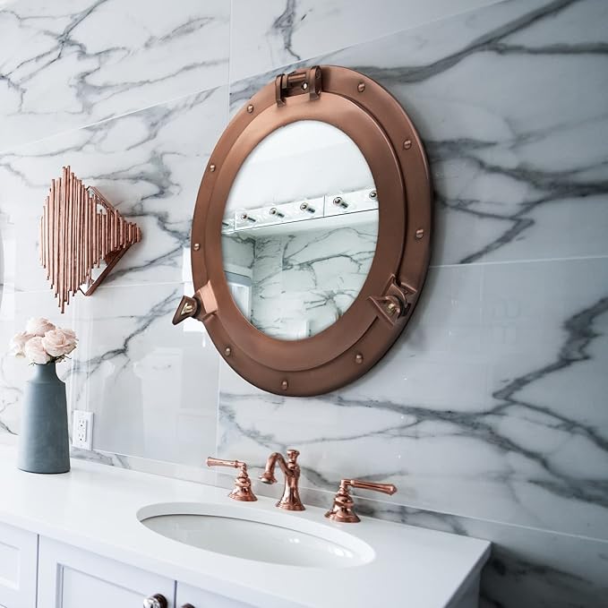 30 Inch Bathroom Wall Decor Ship Porthole Mirror with Copper Finish – Vintage Round Wall Mounted Mirror for Bathroom Vanity, Nautical Pirate Coastal Vintage Home Décor