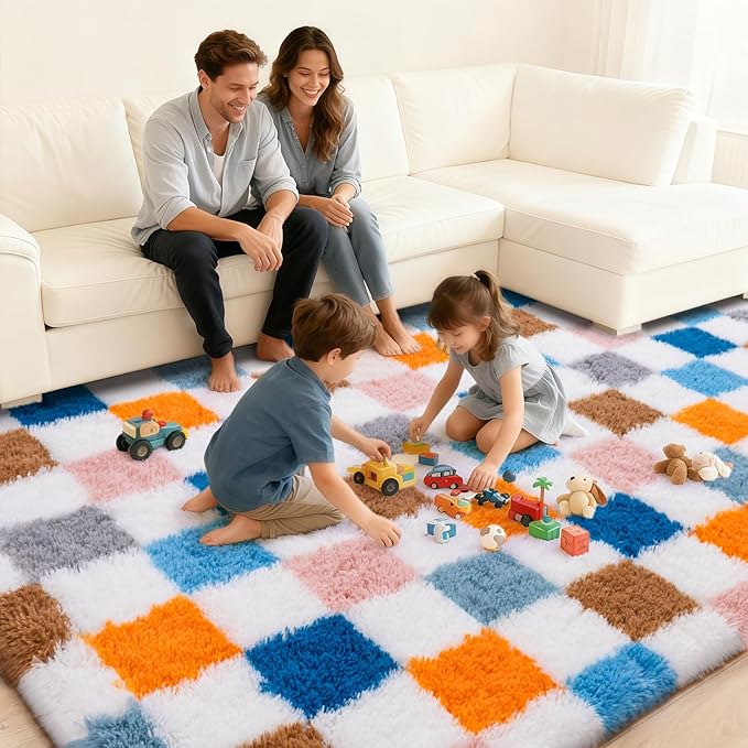 Checkered Rugs for Living Room 6x9, Ultra Soft Fluffy Rug for Bedroom, Modern Shaggy Carpets Fuzzy Rug for Girls Boys Room Home Indoor Nursery Teens Dorm Decor, Upgrade Non-Slip Durable, Colorful