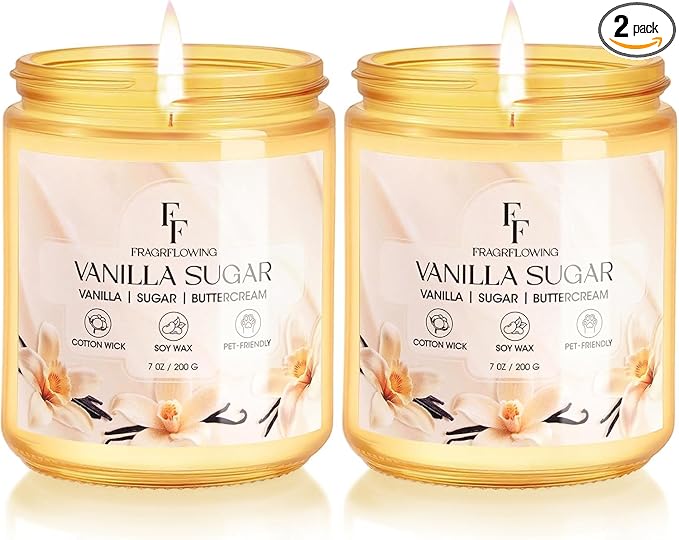 Vanilla Sugar Scented Candle, Natural Soy Wax Jar Candle for Home Scented, 100-Hour Burn Time Gifts for Women Men, 7 oz (2 Pack)