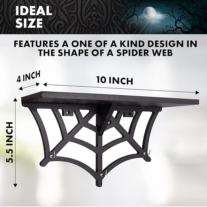 Spider Web Floating Shelf - Gothic Halloween Hanging Shelf with Hooks for Wall Oddities and Curiosities - Black Spooky Goth Wall Decor for Kitchen and Home - Crystal Display Shelf for Stones