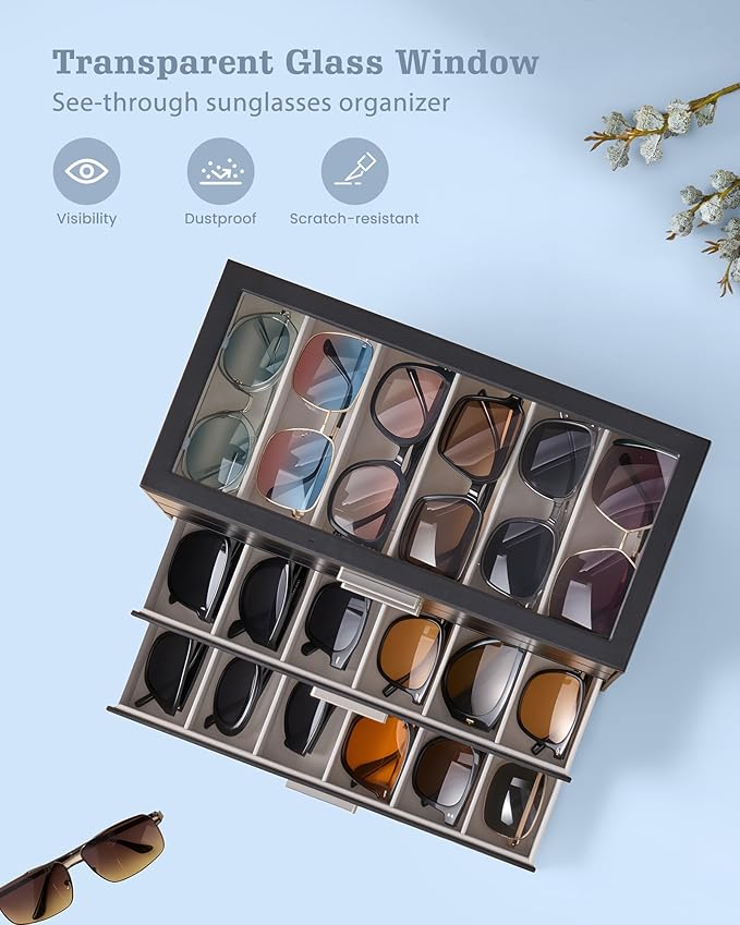 Lolalet Sunglasses Storage Box for Women, Eyewear Eye Glass Organizer with Clear Top Display Holder Case, Mothers Day Gifts