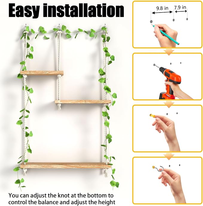 Hanging Shelves for Wall 3 Tier Macrame Rope Floating Shelves with Vine Lights Boho Wall Mounted Decor Wood Organizer Storage Rack for Bedroom, Bathroom, Kitchen