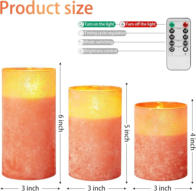 Flickering Flameless Candles - Sandblast Glass Battery Operated with Remote and 2/4/6/8 H Timer, Set of 3 LED Pillar Candles (D3"xH 4"5"6")with Realistic Wax Candles for Home Decor (Sandblast Orange)
