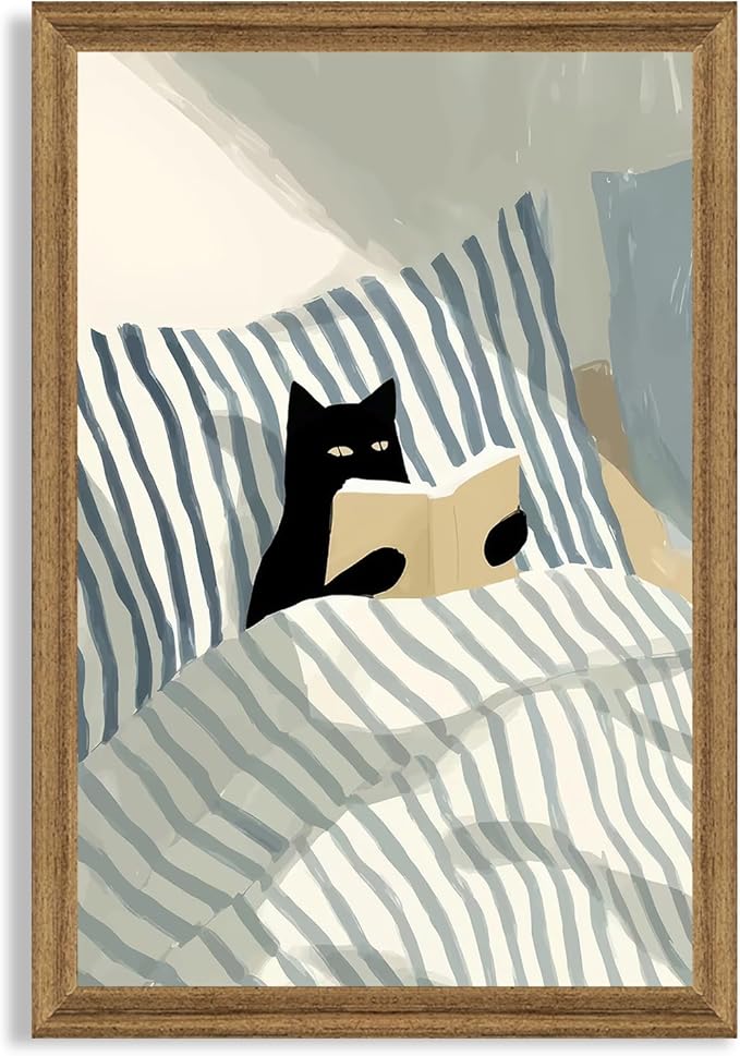 Fantasy Artists Reading Black Cat on Bed Wood Framed Wall Art, Easy to Hang Fade Resistant Art Prints, Perfect for Bedroom Living Room Bathroom Home Office Wall Decor, 16x24 Inches