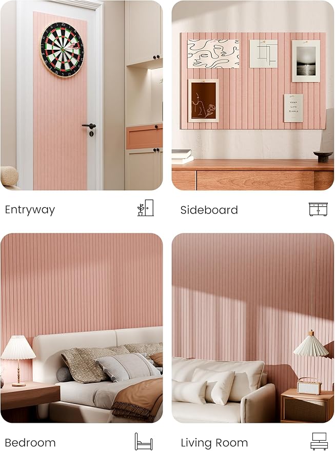 Bumusty Large Cork Board Alternative-36 x 24" Felt Bulletin Board Tiles, with 30 Pushpins, 40 Adhesive Tabs, Fine-Stripe 6-Pack, Cork Boards for Office Push Pin Board Felt Board-Pink
