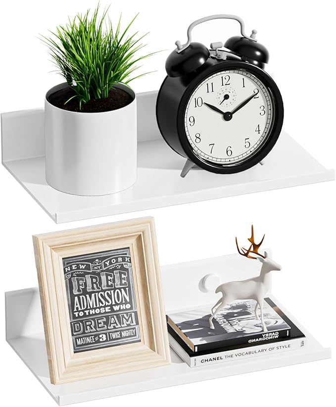 Wisfame Small Floating Shelves for Wall, Metal Adhesive Wall Shelf 2 Pack, Modern Display Shelf for Living Room, Bedroom, Bathroom Decor (White, 8 Inch)