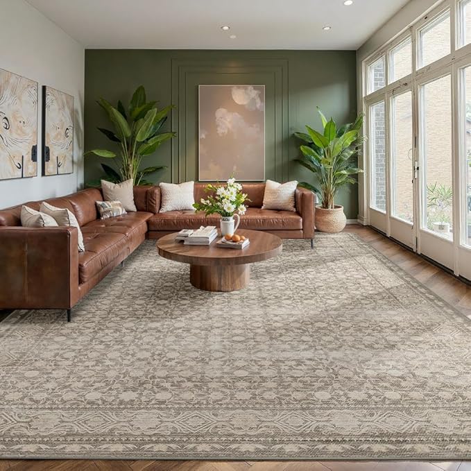 9x12 Washable Area Rug for Living Room, Extra Large Neutral Vintage Boho Rugs for Dining Room, Kids Room, Farmhouse, Durable Low Pile Non Slip Carpet for High Traffic Areas, Apricot