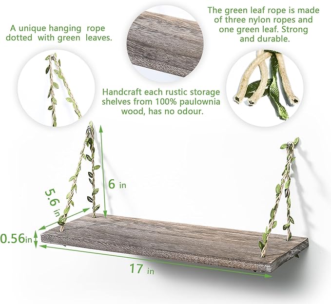 MITIME Leaf Rope Hanging Floating Shelves, Wall Swing Storage Shelf for Home Decor.17, 2-Pack (Retro Color)