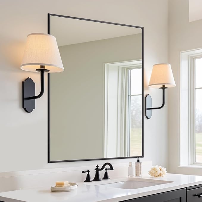 Antok 40x32 Black Metal Framed Bathroom Mirror, Wall Mirror with Rect Corners, Vanity Mirror for Over Sink, Anti-Rust Tempered Glass, Horizontal/Vertical Hanging for Bathroom, Living Room, Entryway