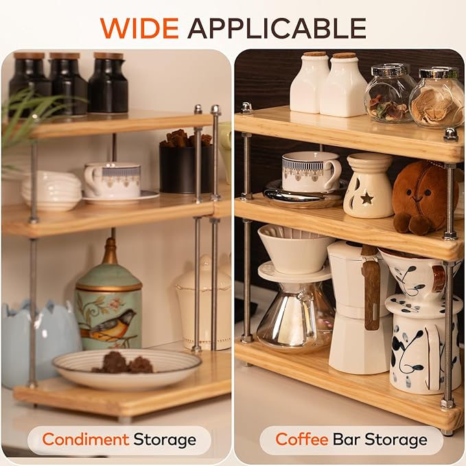 Ultra-Thick 24mm Solid Wood Coffee Station Organizer&Spice Rack for Kitchen Countertop, Corner Industrial 3-Tier Adjustable Shelf with 10mm 304 Thread Rods for Heavy Espresso Gear, Natural