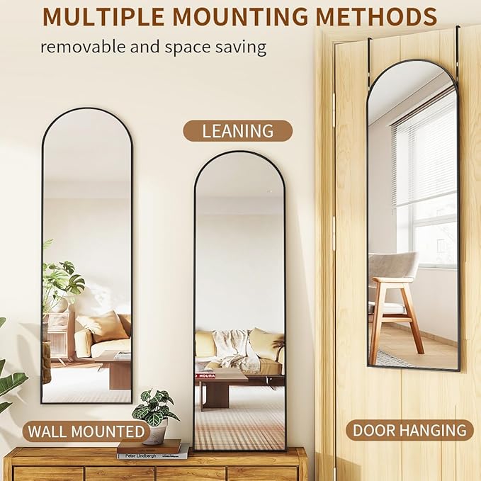 Door Mirror, Over The Door Arched Full Length Mirror, 48"x14" Hanging Mirrors for Bedroom, Living Room, Entryway, Dorm, Black