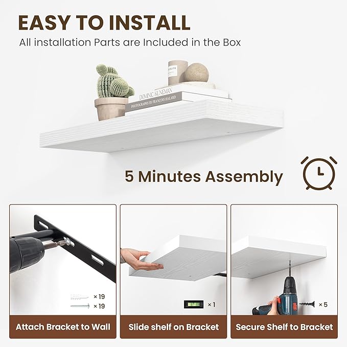 Acovy 48 Inch Floating Shelves, 12 Inch Deep Floating Shelves for Wall, Floating Shelf with Invisible Brackets, Deep Wall Shelves for Bathroom, Bedroom, Living Room, 1 Pack, White