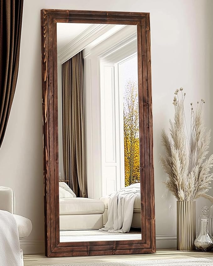 Full Length Mirror 71"x30" Solid Wood Frame Floor Large Mirror for Living Room, Bedroom Hanging or Leaning Wall-Mounted, Brown
