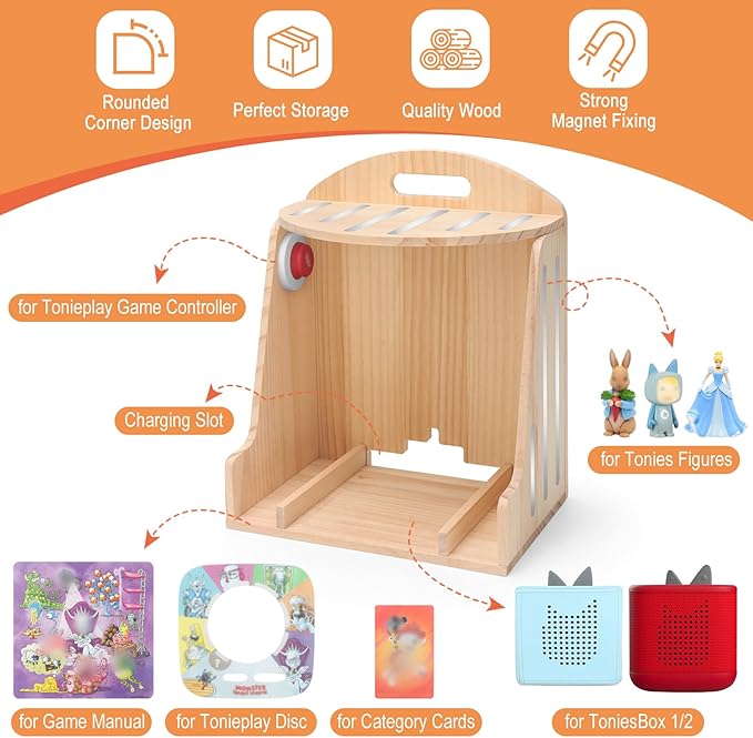 for Toniebox 1/2 Storage Shelf Display for 40–50 Tonies Figures Characters, Holds for Tonieplay Story Game Controller Accessories, Wooden Magnetic Organizer with Charging Access, Wall Mount+Desktop
