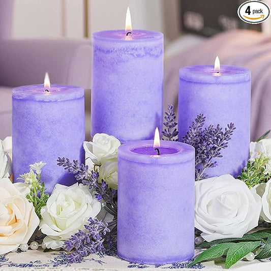 4 Pack Lavender Scented Pillar Candles-2.8x4 in Purple Decorative Candles,60-Hour Long Lasting Burn,Handmade Rustic Pillar Candles for Home Fragrance,Stress Relief, Home Spa & Meditation