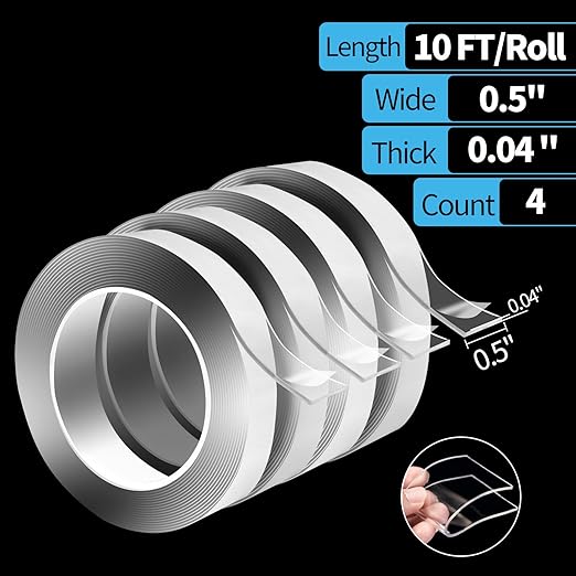 Art3d Double-Sided Tape (4-Roll of 10FT), Removable, Traceless, Washable, Reusable - Multipurpose Tape as Seen on TV (1/24" x 1/2" x 10', 4) (Pack of 2)