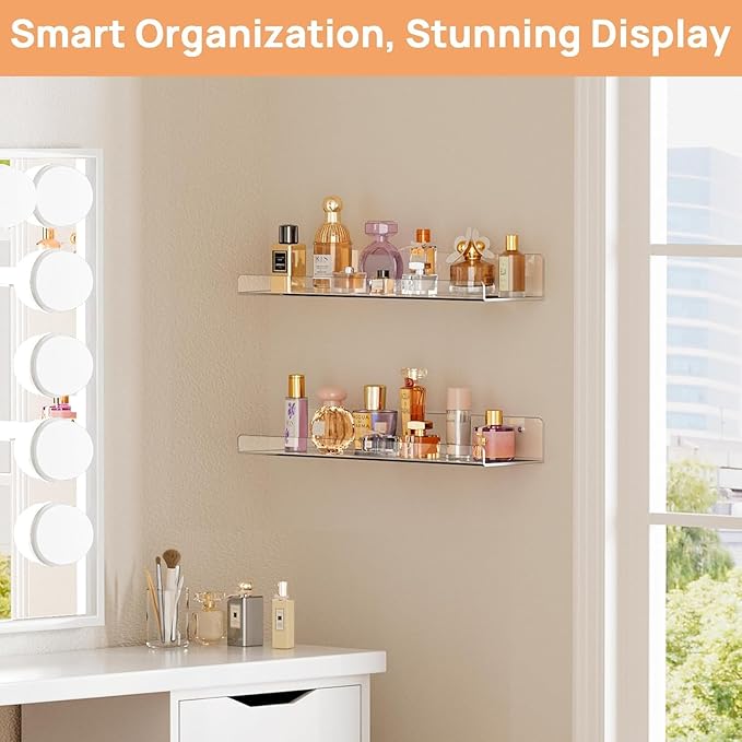 Acrylic Shelves for Bathroom Storage, 15" Floating Shelves Wall Organizer for Perfume, Make up, Skincare, Kids Bookshelf for Bedroom, Nursery, Living Room Decor, Clear 2 Pack