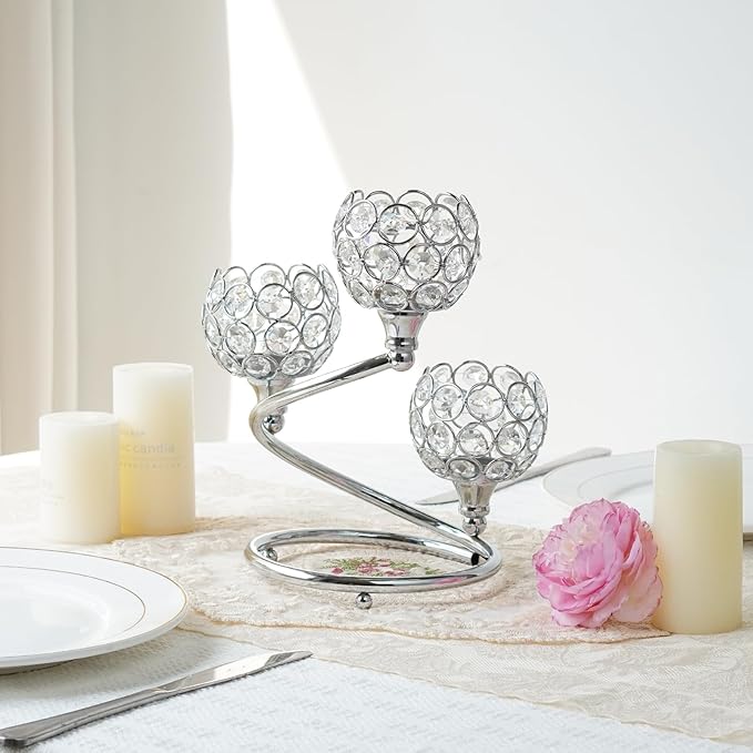 Metal Crystal Candle Holder Set of 3 - Elegant 5-Arm Metal Tea Light Centerpiece with Shining Crystal Bowl, Wedding Anniversary Table Decor for Dining, Party (Silver, 6 Pcs 3 Arm)