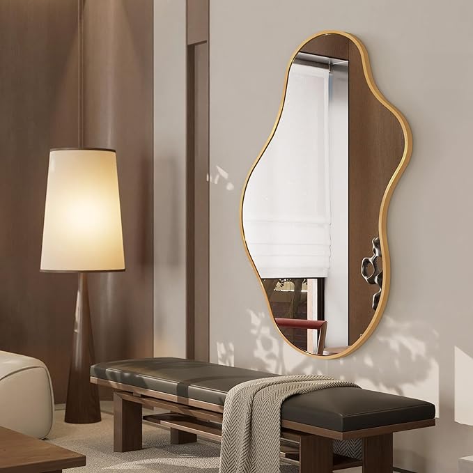 Dorlicecass Bathroom Mirrors for Over Sink - Long Wall Mirrors Decorative 24"x 43" Asymmetrical Abstract Aviation Aluminum Alloy Frame Unique for Bedroom, Living Room, Cloakroom, Entryway Gold