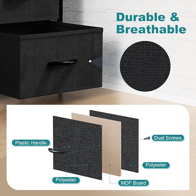 OLIXIS 8 Drawer Dresser for Bedroom, Wide Fabric Storage Tower with Wooden Top and Metal Frame, Closet Chest Organizer Furniture, Living Room Hallway, Black