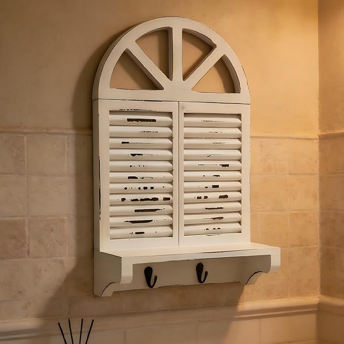 Rustic Arched Window Floating Shelf with 2 Key Hooks - Distressed White Farmhouse Wood Decor, Wall Mounted Storage Organizer for Entryway, Bathroom, Kitchen, Home Decor