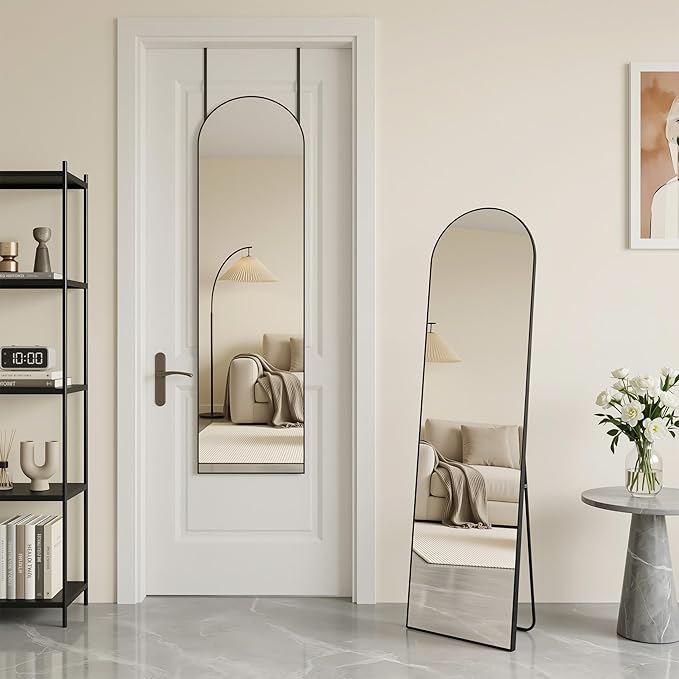 Antok 56" x15” Arched Full Length Floor Mirror, Black Aluminum Frame, Free Standing/Wall Mount/Leaning for Bedroom, Living Room, Dressing Room