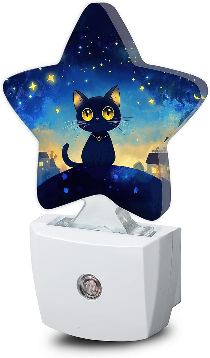 Cat Black Cute Nightlight,Dark Starry Night Star Night Lights Plug into Wall Decorations for Bedroom Bathroom,Dusk to Dawn Sensor Kitchen Hallway Stairs Energy Efficient Desk Lamp