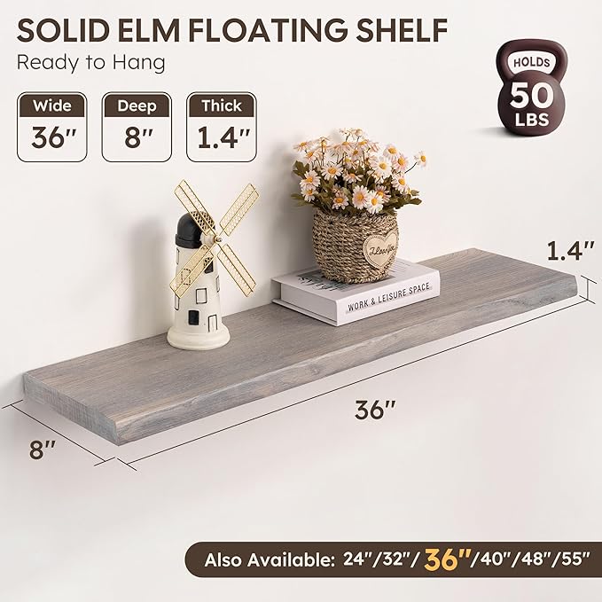 Live Edge Floating Shelves Set of 2, 36 Inch Solid Elm Wood Wall Shelves - Invisible Bracket Mount for Living Room, Bedroom, Kitchen, Bathroom | Weathered Gray