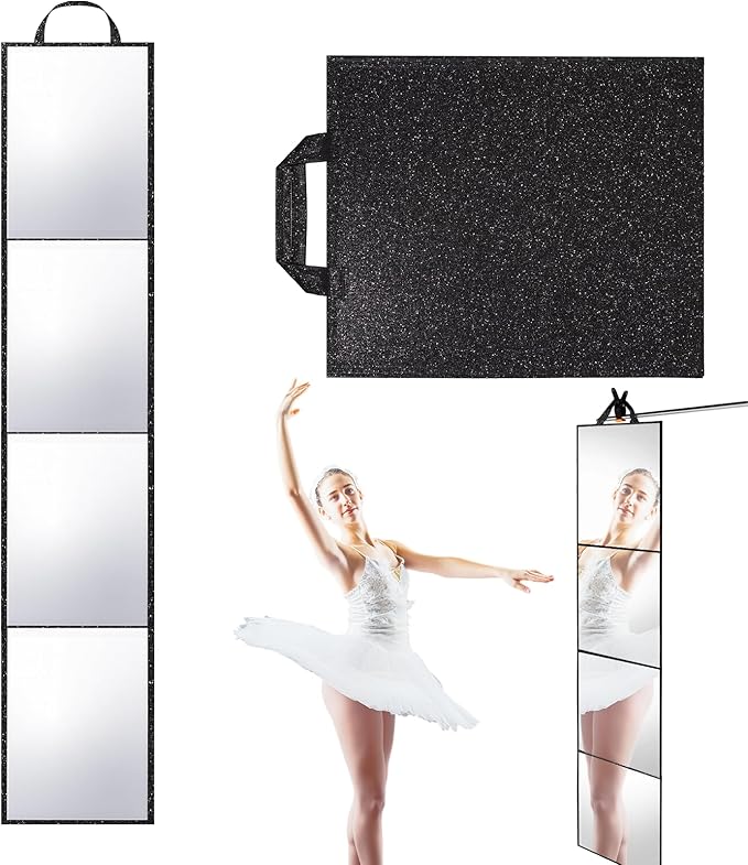 Foldable Full Length Mirror 2-in-1 Wall-Mounted or Tabletop Mirror, Portable Travel Mirror with Handle for Dance Home Bedroom Wardrobe Stage Makeup Checks Camping Outdoor Use (47" x 12.5", Four-Fold)